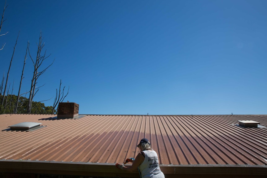 A woman on a ladder hoses out her gutters, stick-like trees burnt in Black Saturday visible beyond a sloping expanse of roof.