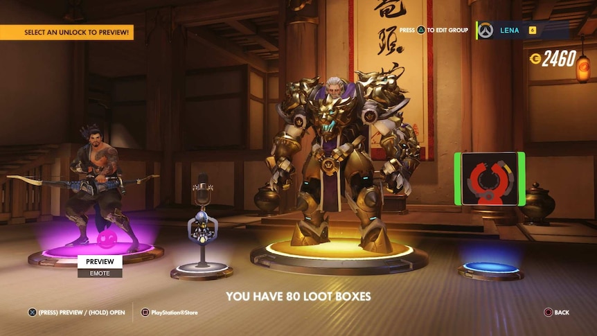 Four in-game items, including a new character skin, are displayed after opening a loot box in Overwatch.