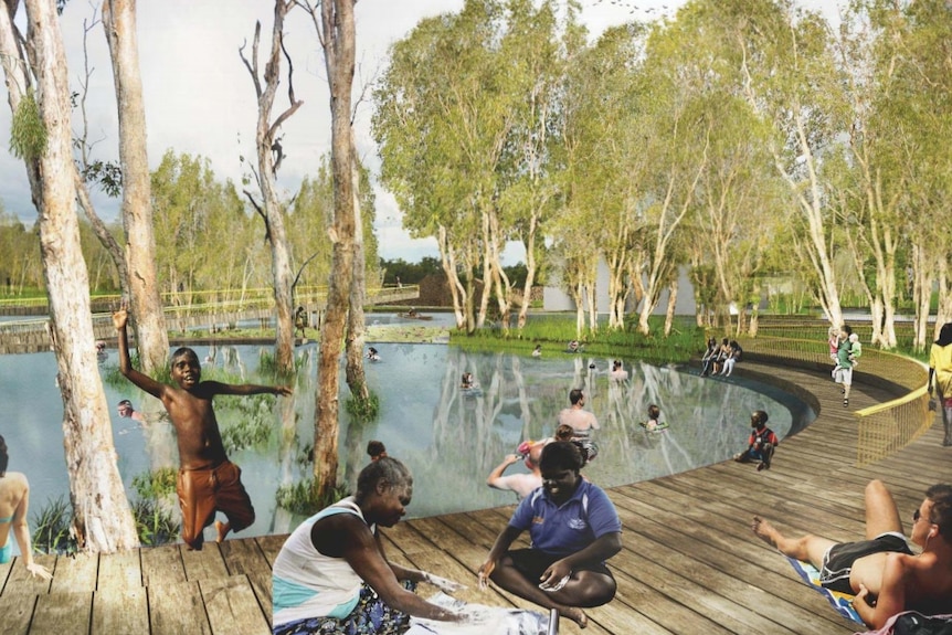 A concept picture of people swimming in the Jabiru lake, families picnic on a boardwalk and a boy jumps in front of a camera