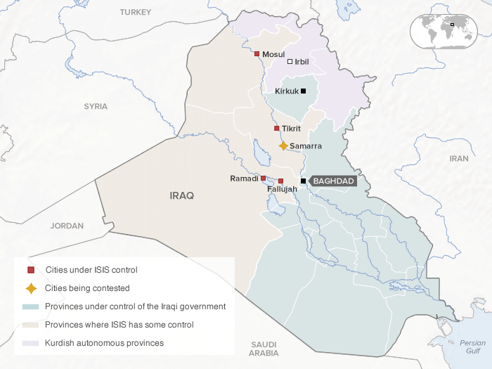 A map of Iraq showing areas under ISIS control as of June 12 (AEDT)