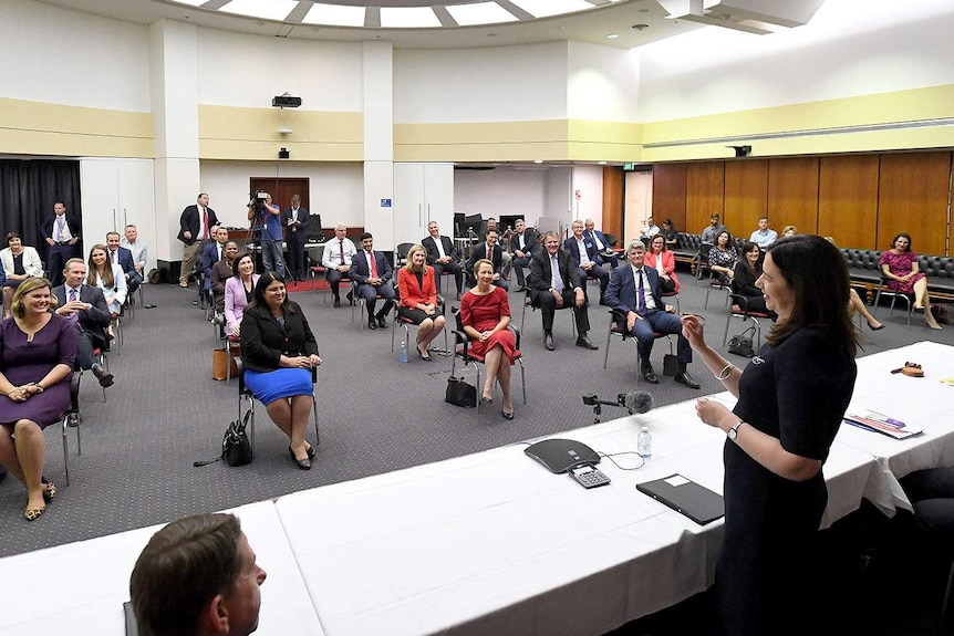 Queensland Premier Annastacia Palaszczuk addresses Labor caucus at Parliament House in Brisbane.