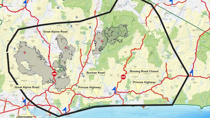 A map of the area in East Gippsland that could be impacted by fire.