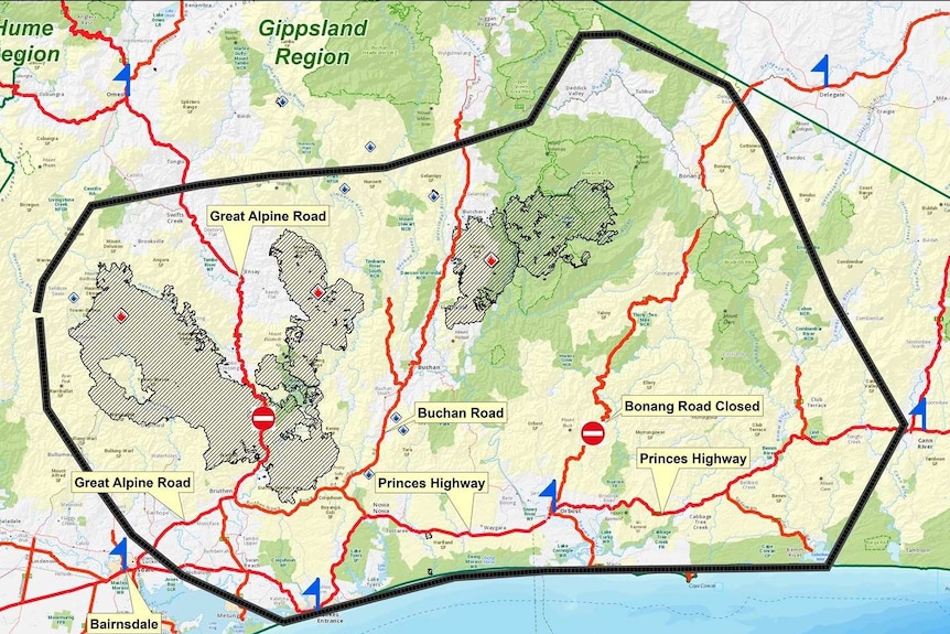 A map of the area in East Gippsland that could be impacted by fire.