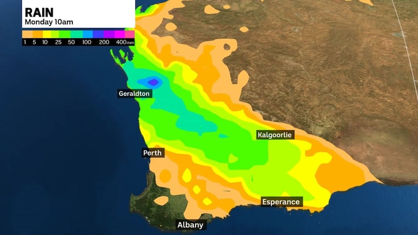 Weather map showing rain forecast in south-west of Western Australia