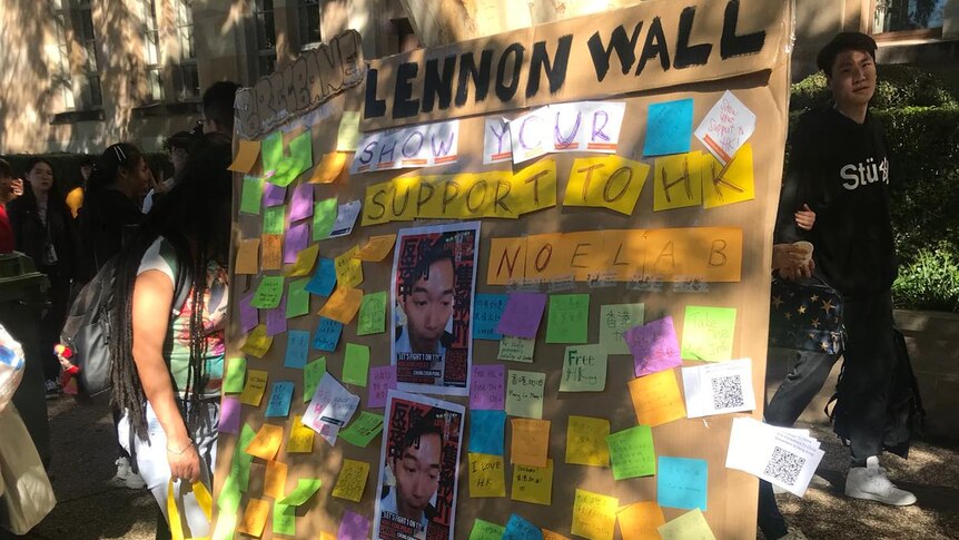 A board marked Lennon Wall stands against a tree with notes and photos pinned to it.