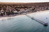 An overhead drone shot of Adelaide's Brighton beach and jetty.