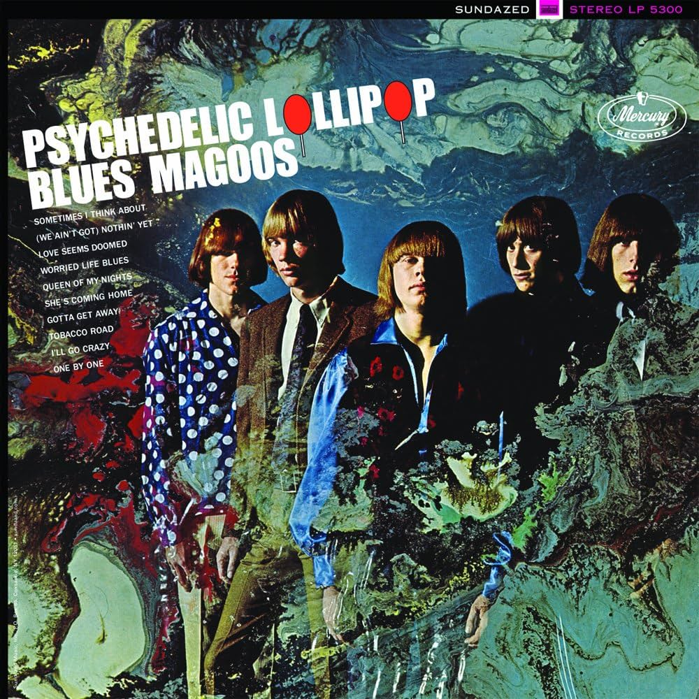 The members of the band are surrounded by trippy shapes