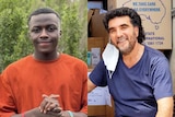 Composite image of a young African Australian on the left and a man with a face mask on the right.