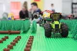 Close-up of a pine plantation model built with Lego.