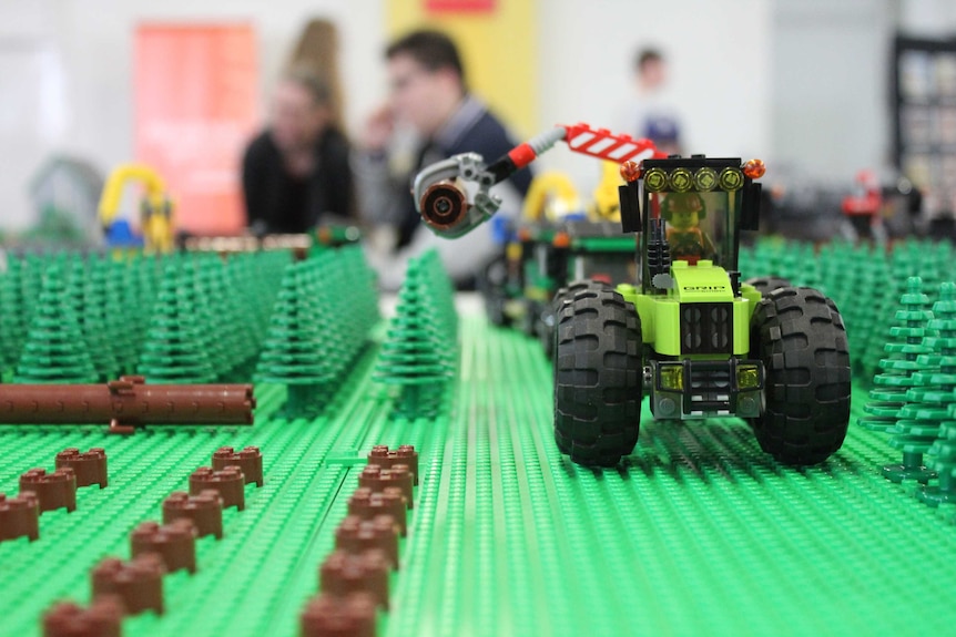 Close-up of a pine plantation model built with Lego.