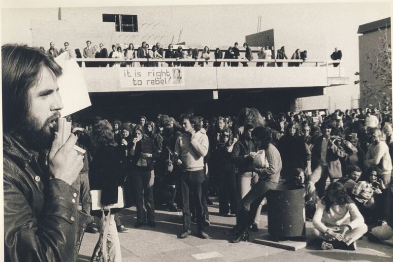 A black and white photo of Students protesting at La Trobe University.