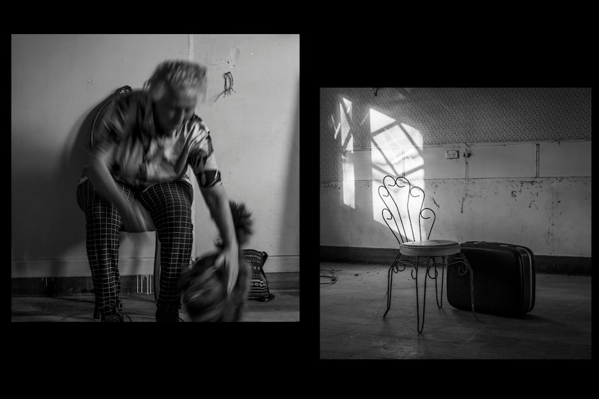 Composite image of Louise Goode picking up her cat and a chair and suitcase in an empty room.