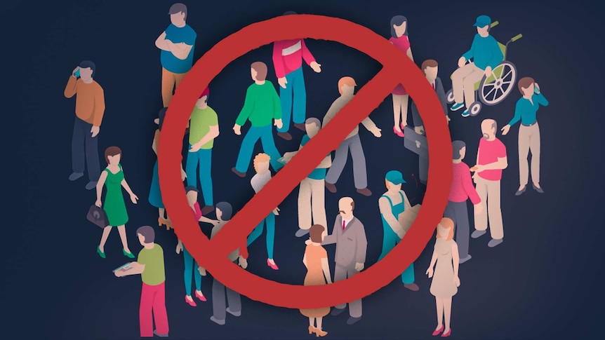An illustration of people in a group with a large 'banned' icon over the top.