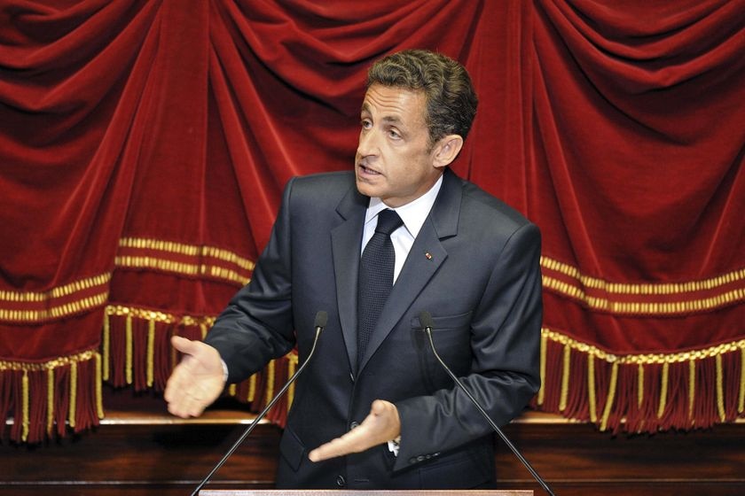 Nicolas Sarkozy delivers a speech at a special congress