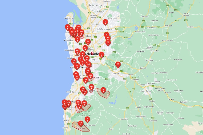 A map showing power outages across Adelaide.