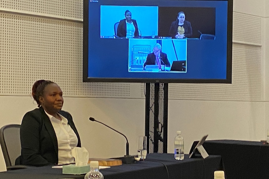 A witness speaks into a microphone at a desk in front of a large screen showing participants in the hearings.