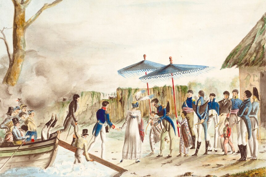 A watercolour image showing a women in a white gown holding hands with a man in blue tails, crossing a gang plank to shore.
