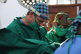 Doctors wearing masks and bandannas operating on a patient.
