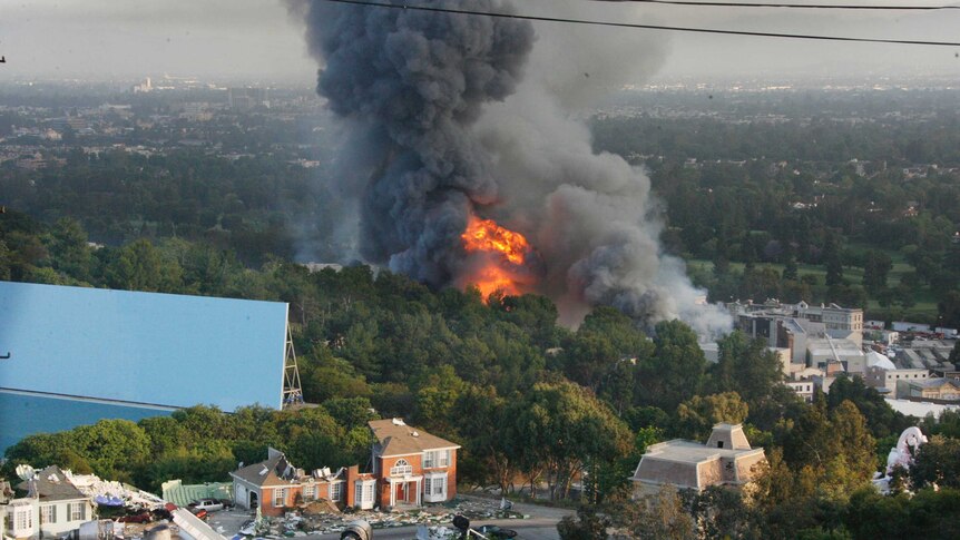 A fire rages out of control at Universal Studios