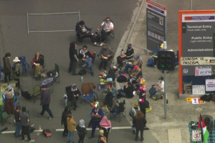 An aerial image of protesters gathering at a dock.