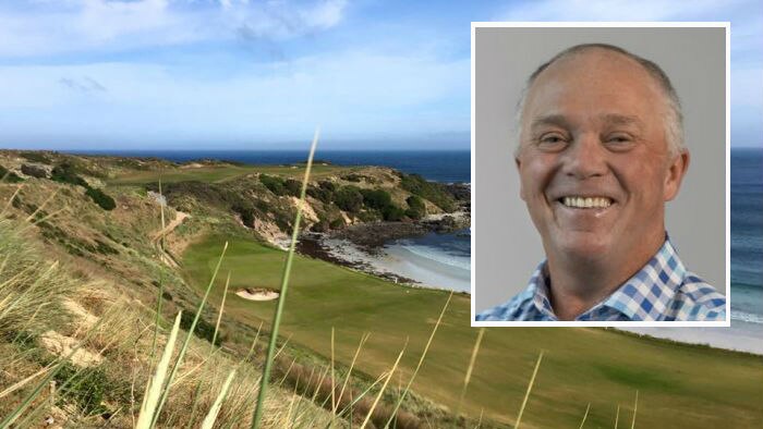 Former King Island mayor inset against the background of a golf course on the island.