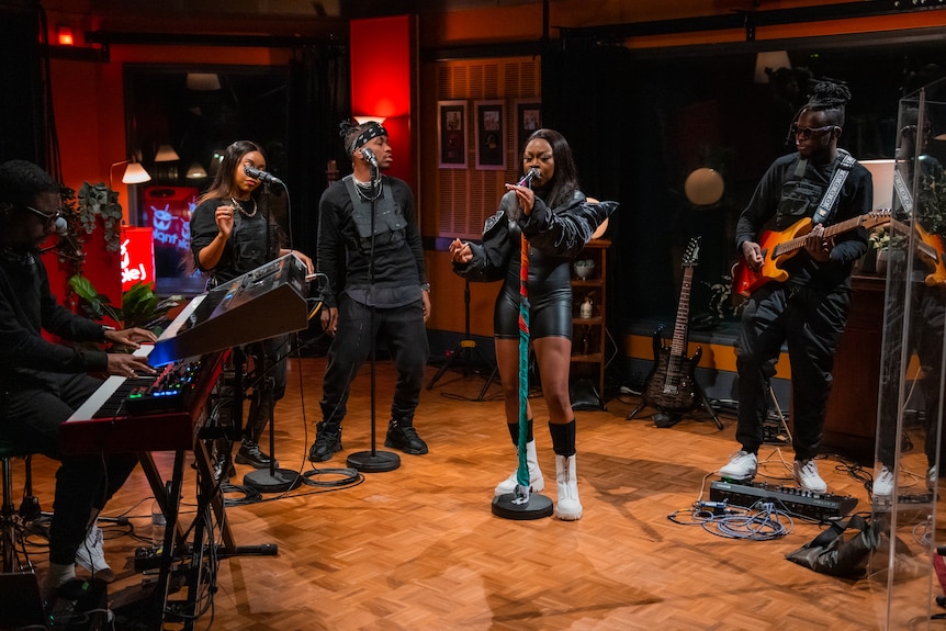 Sampa The Great and her band performing in the triple j studios