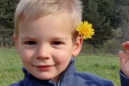 A photo of a blonde toddler with a flower behind one ear
