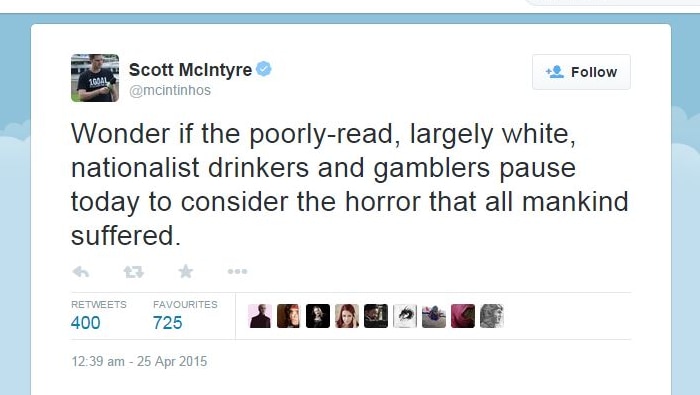 One of the controversial Anzac tweets sent by Scott McIntyre.
