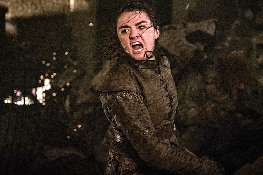 Arya fights the undead at Winterfell in Game of Thrones.