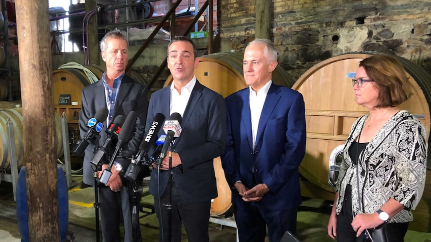 Andy Gilfillan, Steven Marshall, Malcolm Turnbull and Anne Ruston speaking to press during a visit to a winery.