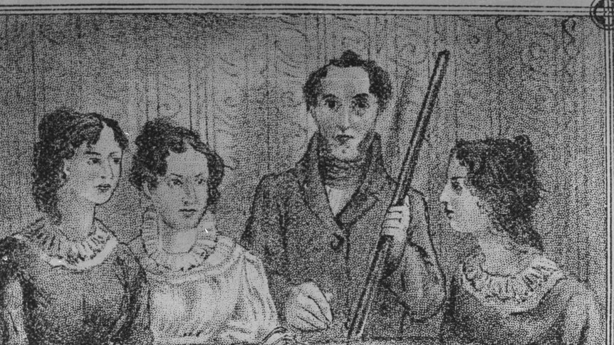 A rough etching of a three sisters and a brother from the 1830s