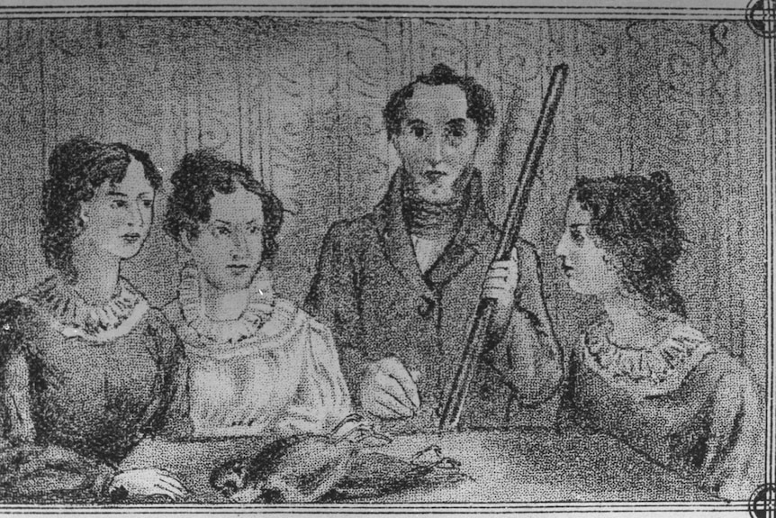 A rough etching of a three sisters and a brother from the 1830s