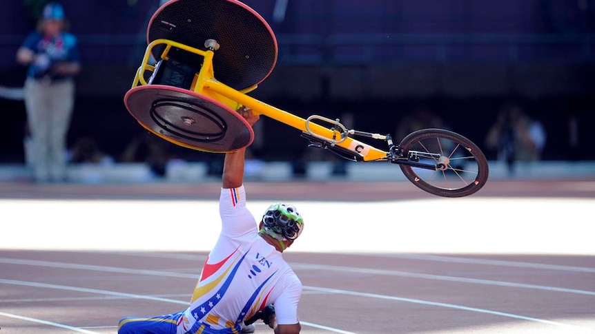 Jesus Aguilar crashes during an 800m heat at the London 2012 Paralympic Games.