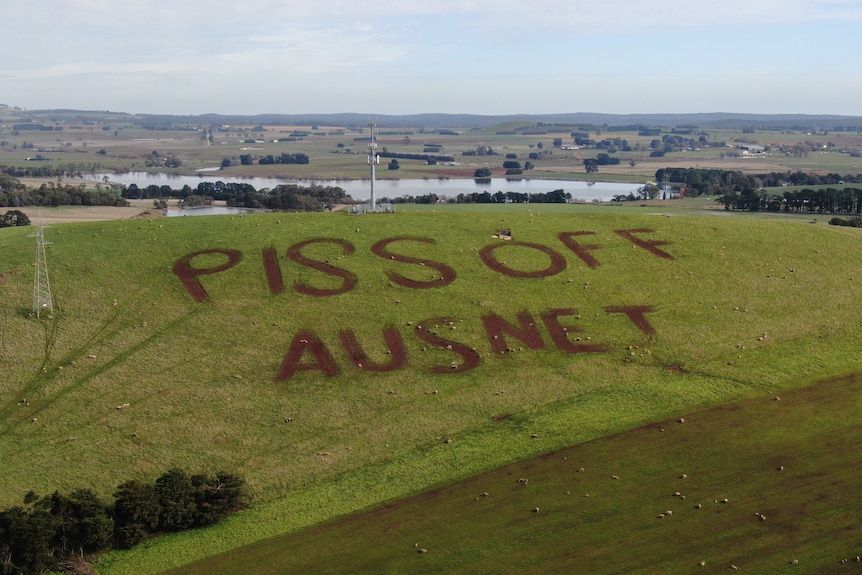 A farmer has mowed the words "piss off AusNet" onto the side of a hill.