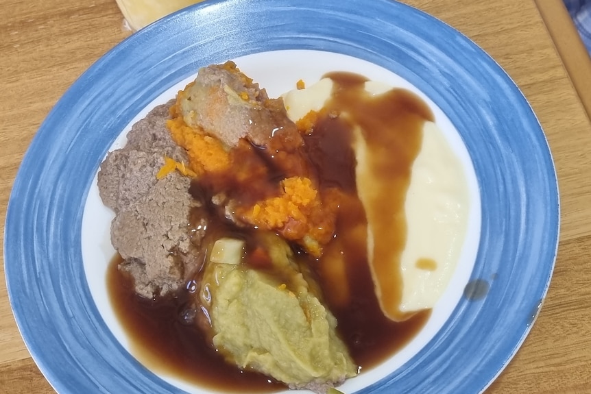 A plate of mashed peas, potato and sauce.