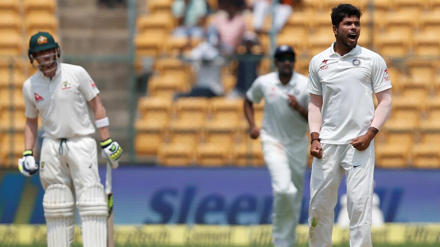 Umesh Yadav appeals for the wicket of Shaun Marsh in the second Test in Bangalore.