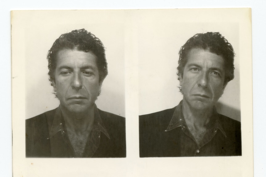 A polaroid with four images of a middle-aged man, wearing a button-down shirt and jacket, and a blank expression