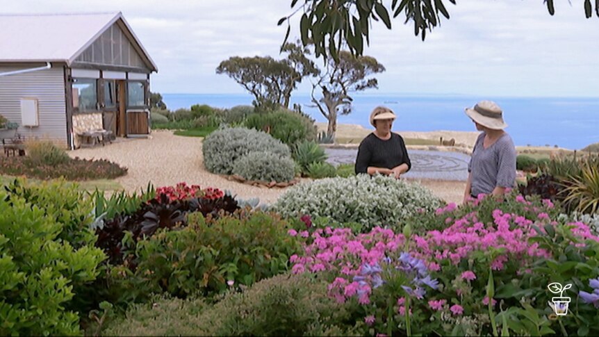 Two women standing in colourful garden with ocean views in background