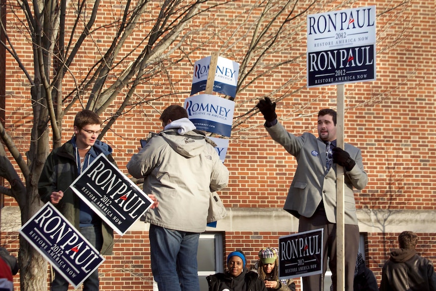 Supporters of Ron Paul campaign on presidential primary day in Manchester, New Hampshire.