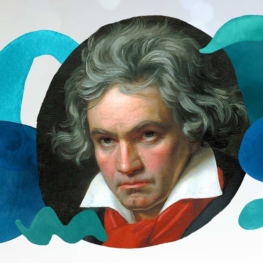 An image of composer Ludwig van Beethoven with stylised musical notation overlayed in tones of teal.