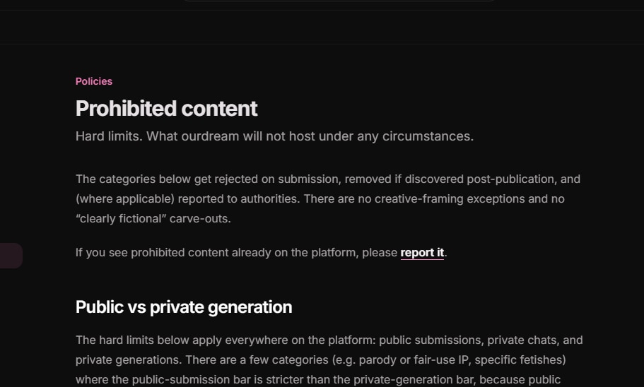 A screenshot of a prohibted content page on a website with white writing on a black background.