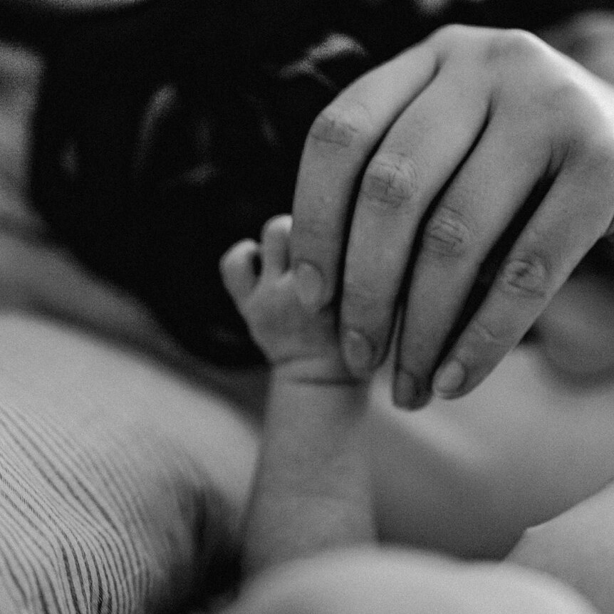 a black and white photograph shoes a mother's hand holding the tiny hand of a baby