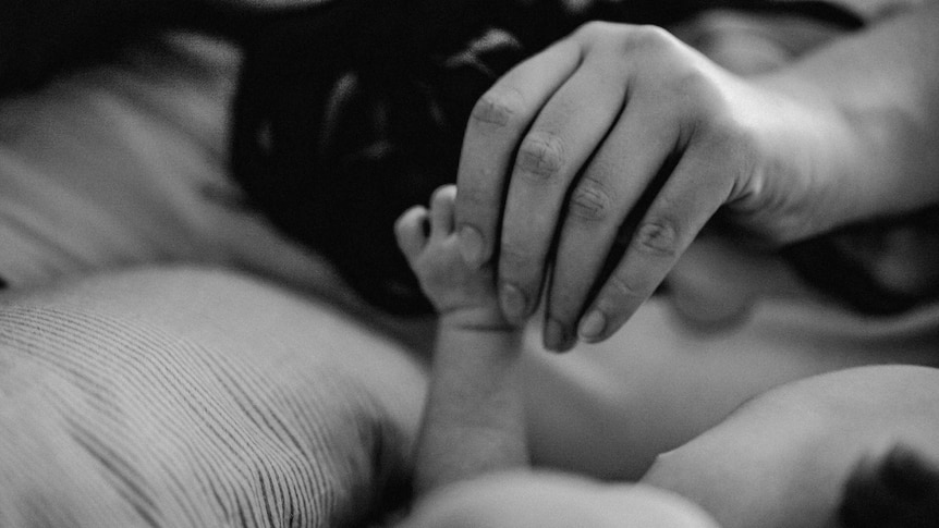 a black and white photograph shoes a mother's hand holding the tiny hand of a baby