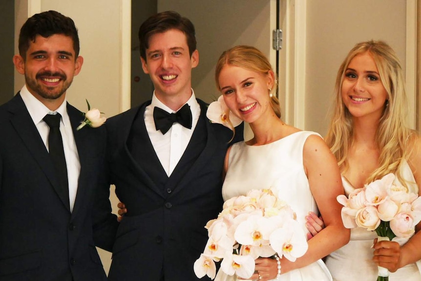 (LtoR) Bridal party Lionel Rayward, Jarred Rayward (groom), Annick Myburgh (bride) and Chrisel Myburgh in Brisbane