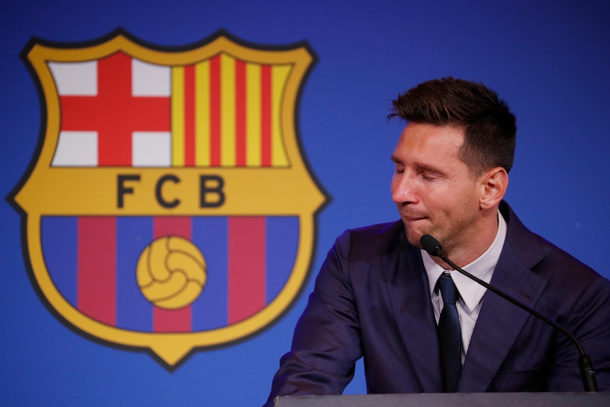 Messi fights back tears as he addresses a press conference about leaving FC Barcelona