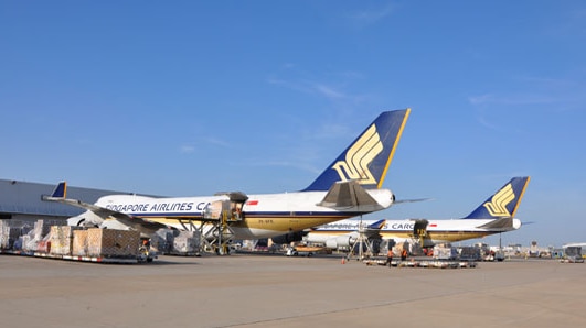 At a terminal, two Singapore Airlines cargo planes