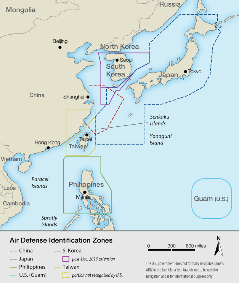 A map which shows the Air Defence Identification Zones east of China. Taiwan's goes over part of China.