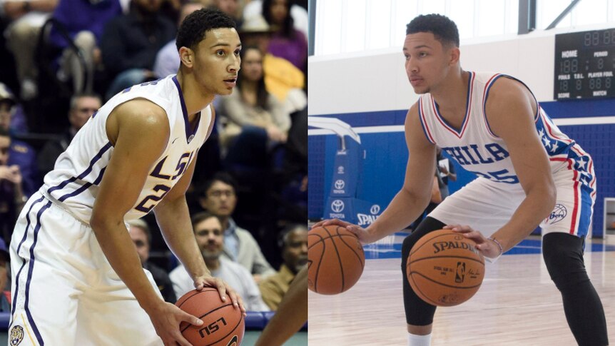 Ben Simmons while playing for LSU (left) and training with the NBA's Philadelphia 76ers.