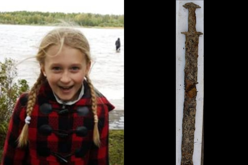 A composite image of a Swedish girl and a 1000-year-old sword