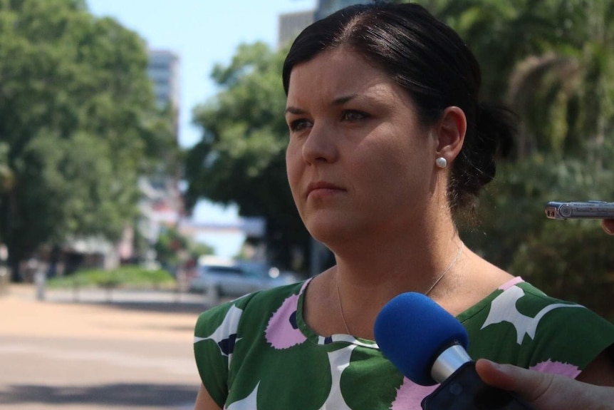 Portrait of Natasha Fyles speaking to the media in Darwin